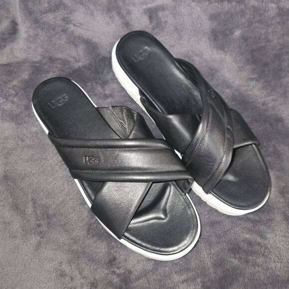 WOMENS US 11 UGG ZAYNE CROSSBAND SANDAL BLACK LEATHER PLATFORM SLIDE - Picture 2 of 9